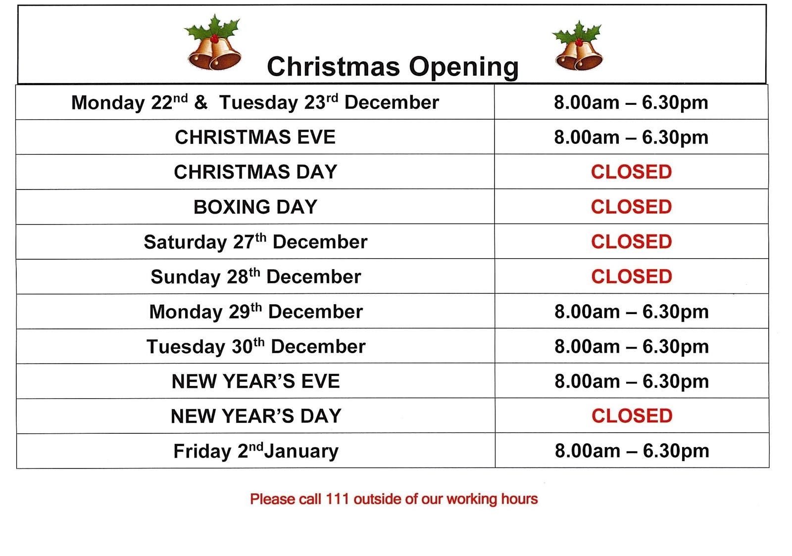 surgery opening times christmas 2025